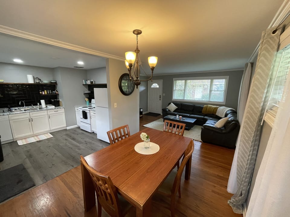 Open floor plan for kitchen, dining room, and living room.