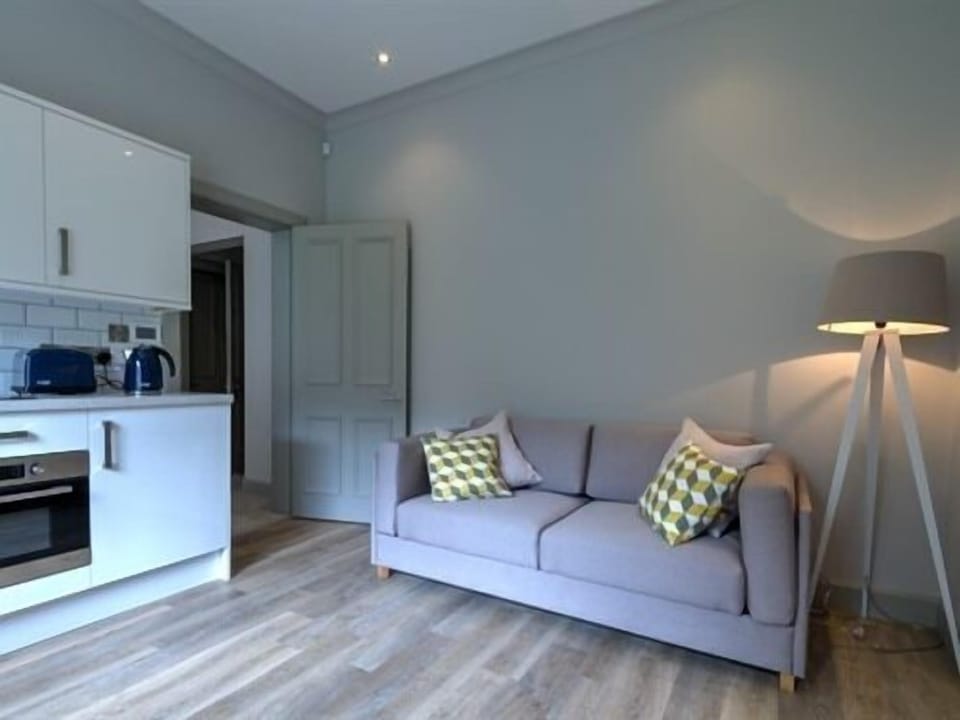 Kitchen, sofa and lamp