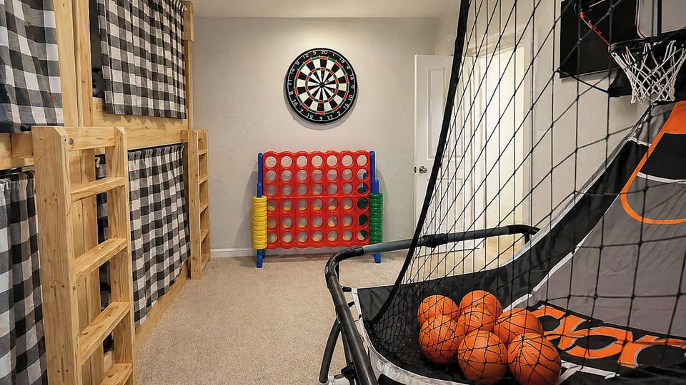 Family game room with bunk beds, darts, hoops & giant Connect 4