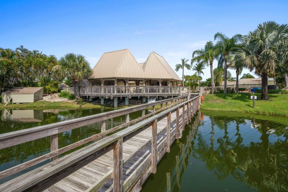 walkway onto pond at pool