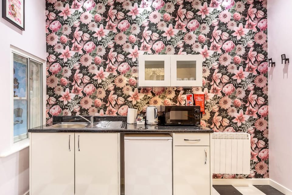 Kicthenette with fridge, microwave, kettle and toaster