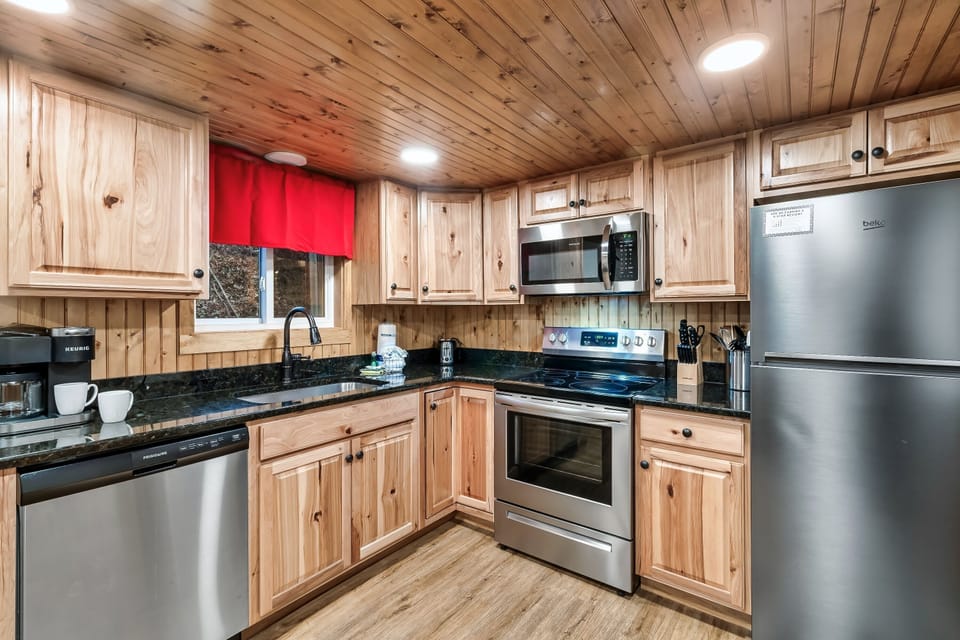 Your kitchen is fully equipped with stainless steel appliances.
