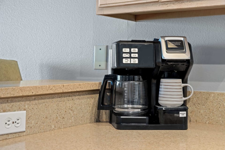 We offer a standard coffee pot and Keurig for your stay!