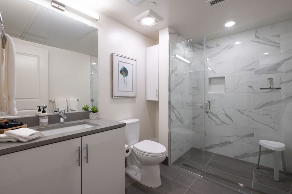 Spacious, well-lighted Bathroom with Designer-style finishes.