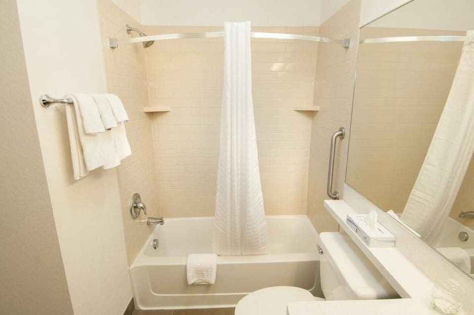 Bathroom with a shower and tub. Basic toiletries and towels are provided