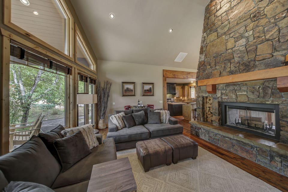 main level living room and fireplace