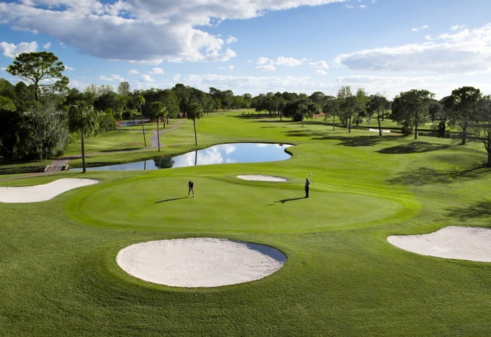 Tee off under wide-open skies on lush greens nearby.