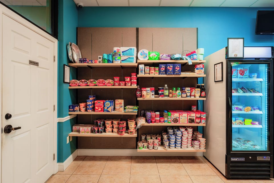 Grab quick breakfasts and late-night bites from the mini market.