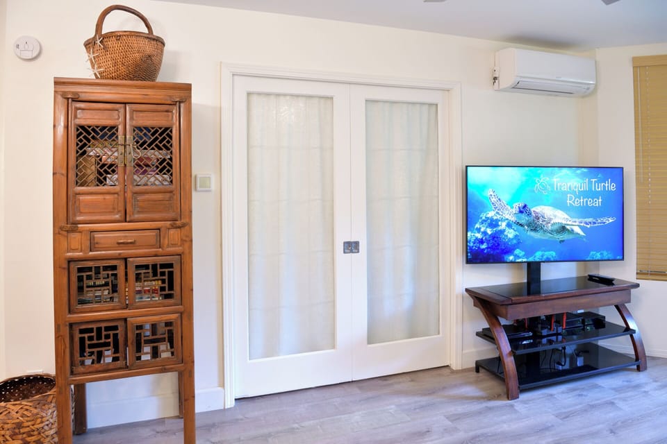 The master bedroom and living room is separated by frosted glass pocket door.