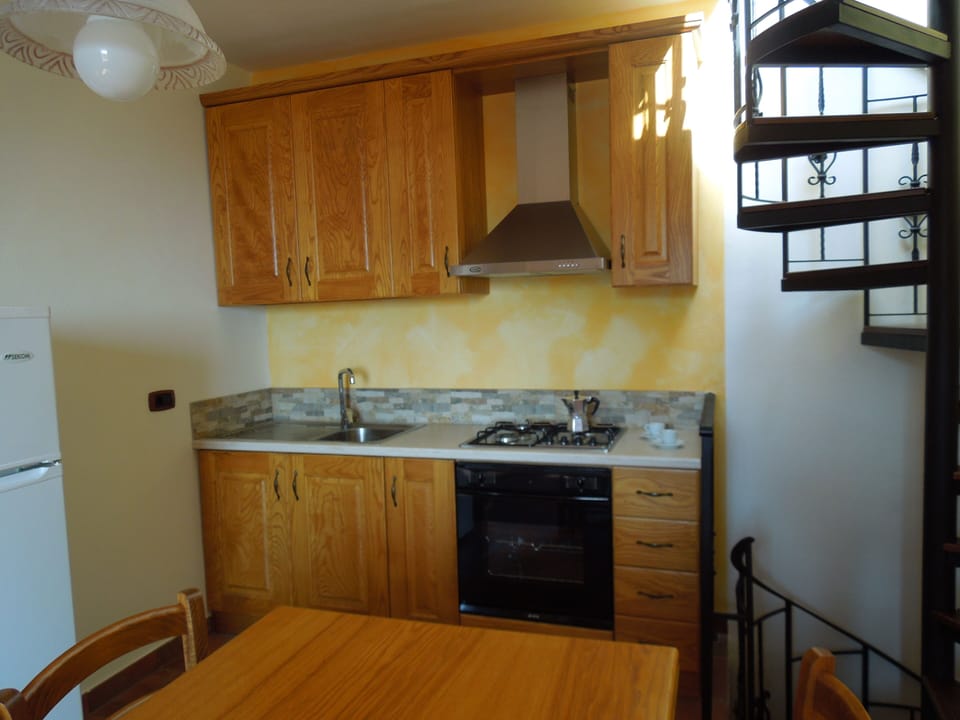 Kitchenette with gas stove and electric oven. 