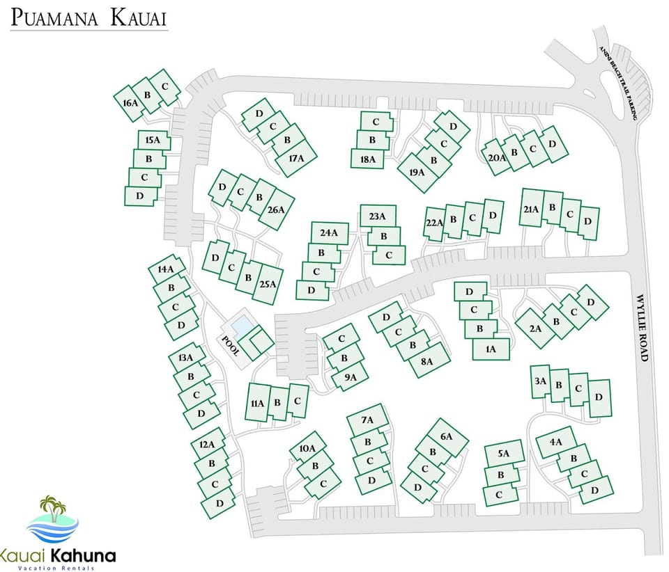 A map of the Puamana complex. Unit 25A is conveniently located right next to the pool, in a quiet back corner where you won't be disturbed!