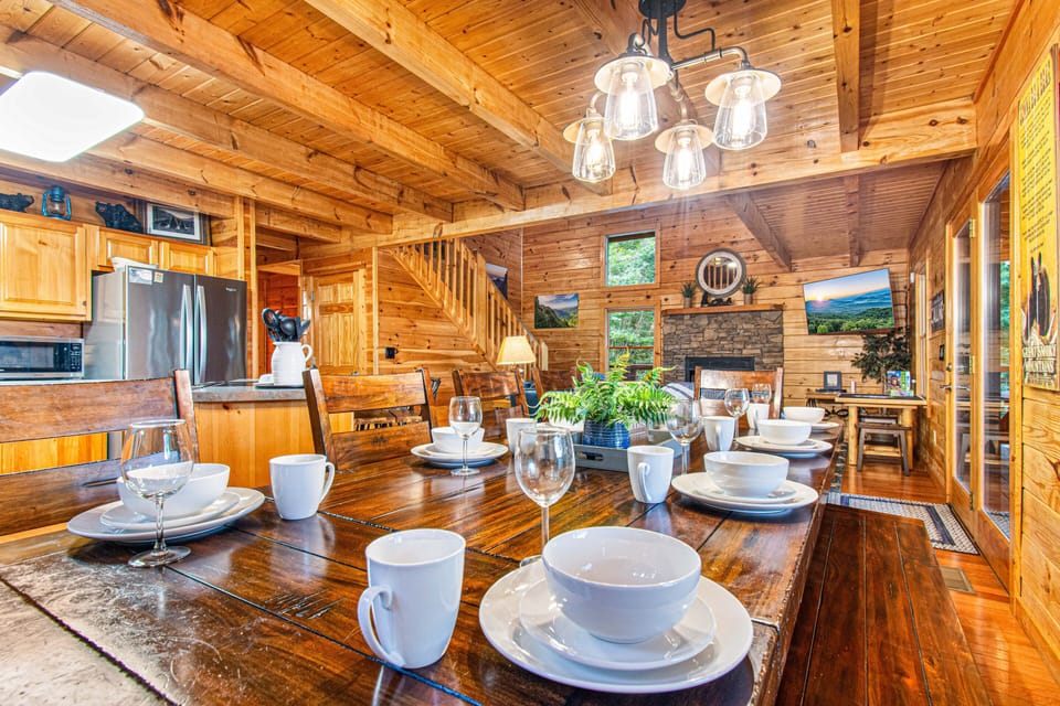 Family meals at the table (sits 8-10) with extra stools at the kitchen island. 