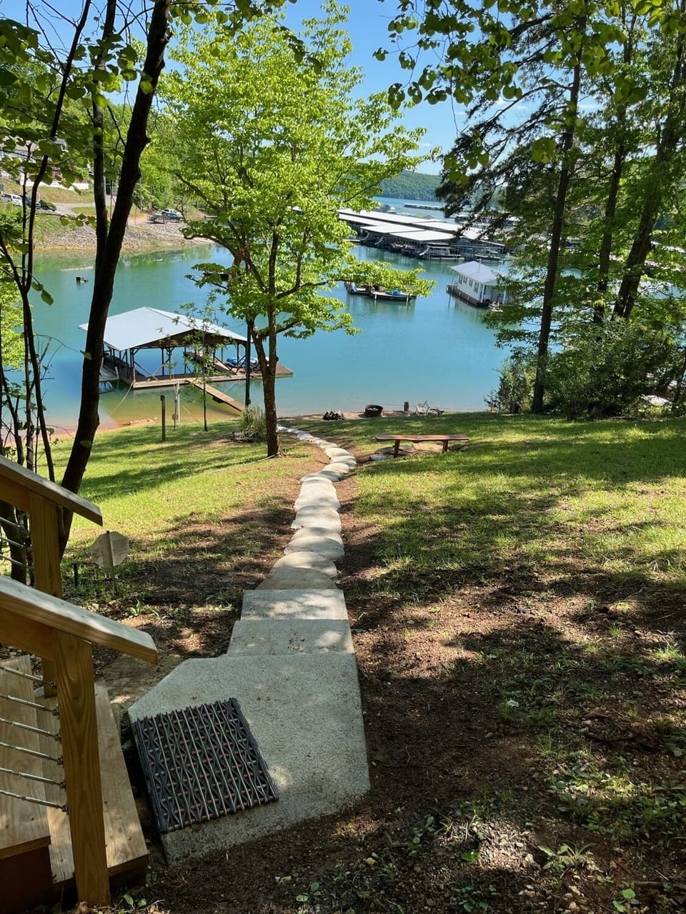 View of lake and dock - gentle slope to water 