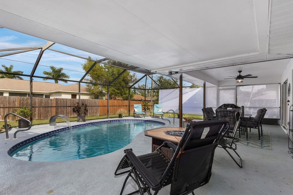 Eat dinner or play games at the outdoor table and fire table for chilly nights
