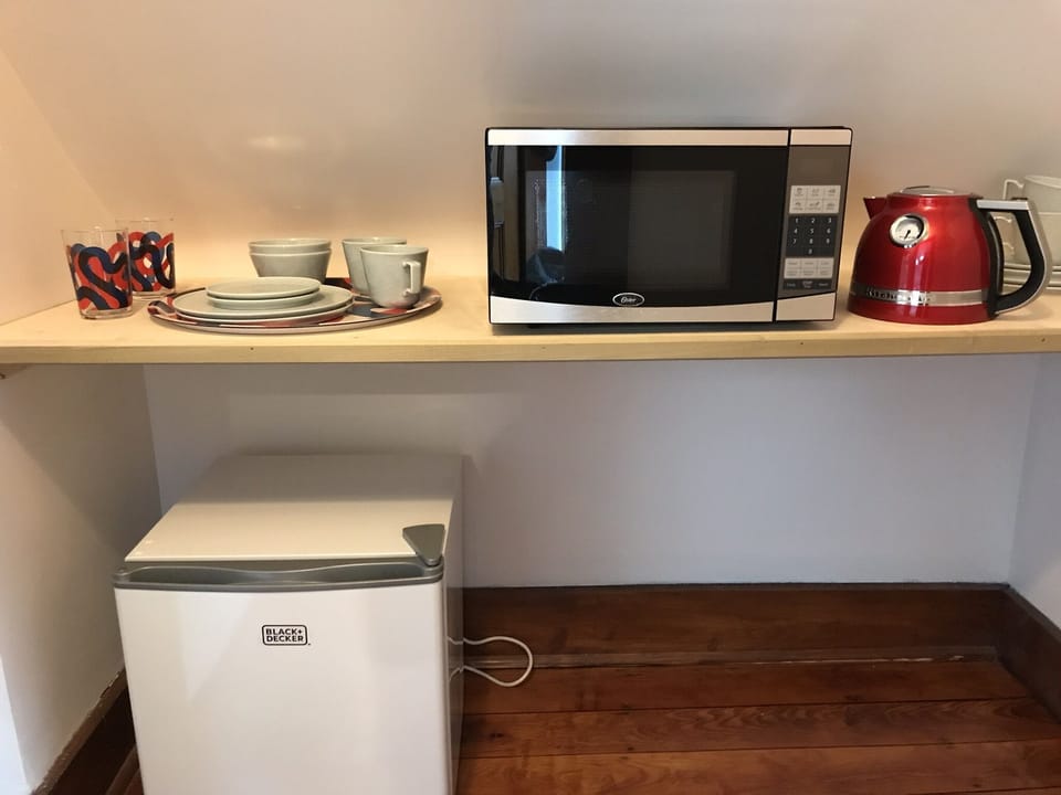 Mini-fridge, microwave, kettle and basic utensils.