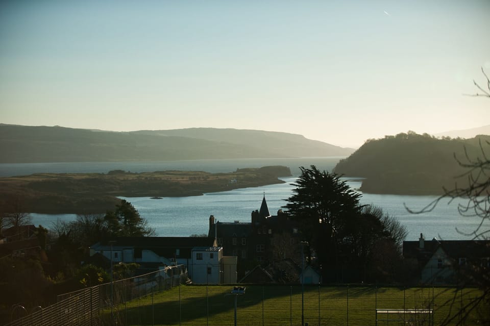 Winter view from An Cala towards Calve island, Tobermory bay and Aros park