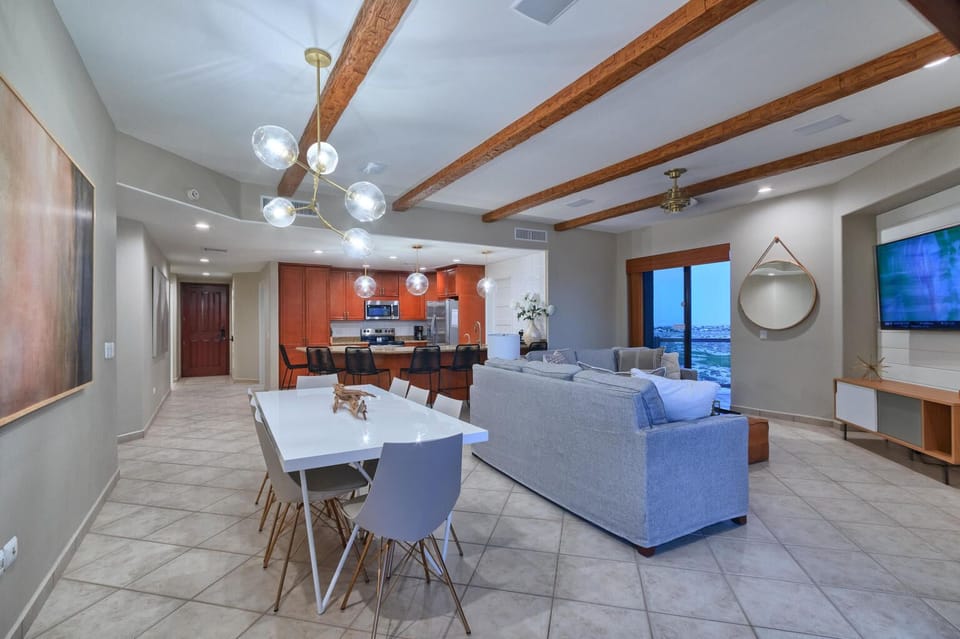 Open concept kitchen, living and dining room 