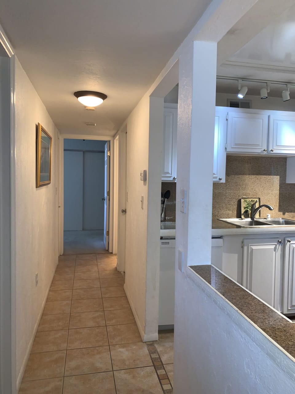 Bright hallway with bedroom to the left, kitchen to the right. 