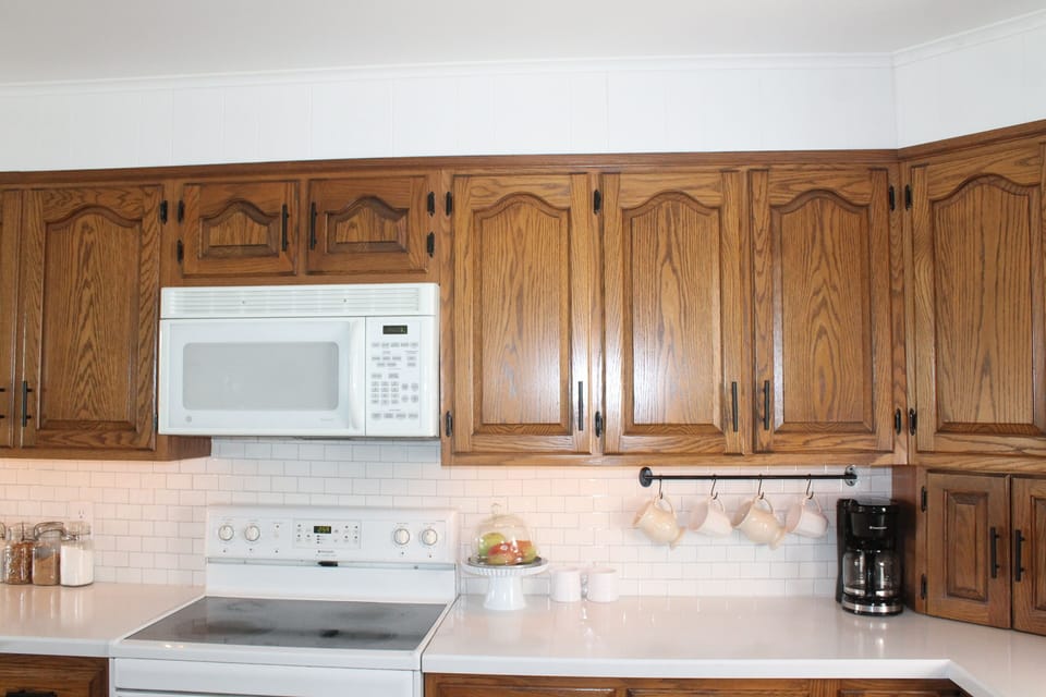 Microwave and stove. Keurig and drip coffee makers. 