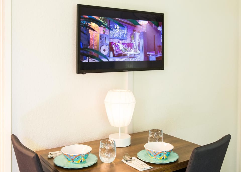 Dining table with internet TV included.