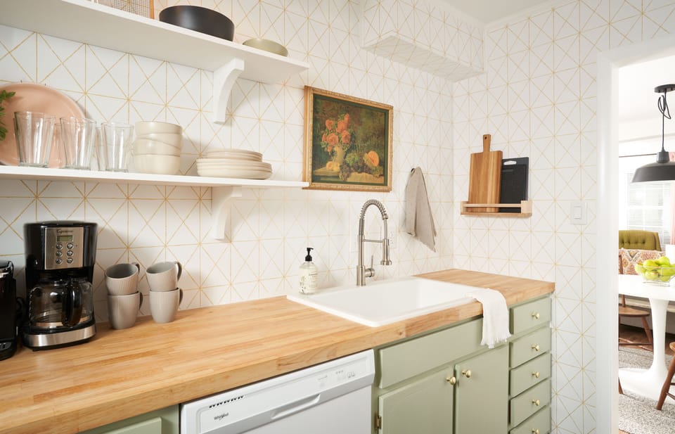 Stocked shelves, single basin sink and ample work room make prep work a breeze.