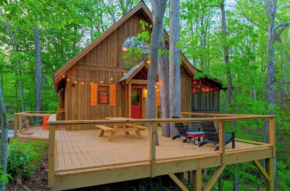 Spacious deck with string lights