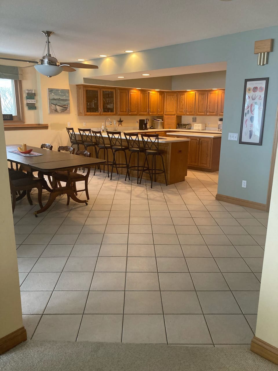 Large kitchen/dining area with views of the water in front lake home