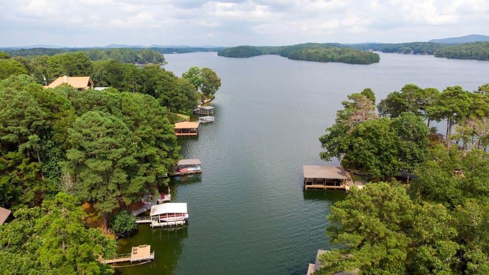 Aerial view of our cove with main channel access. Nice area to play in water.