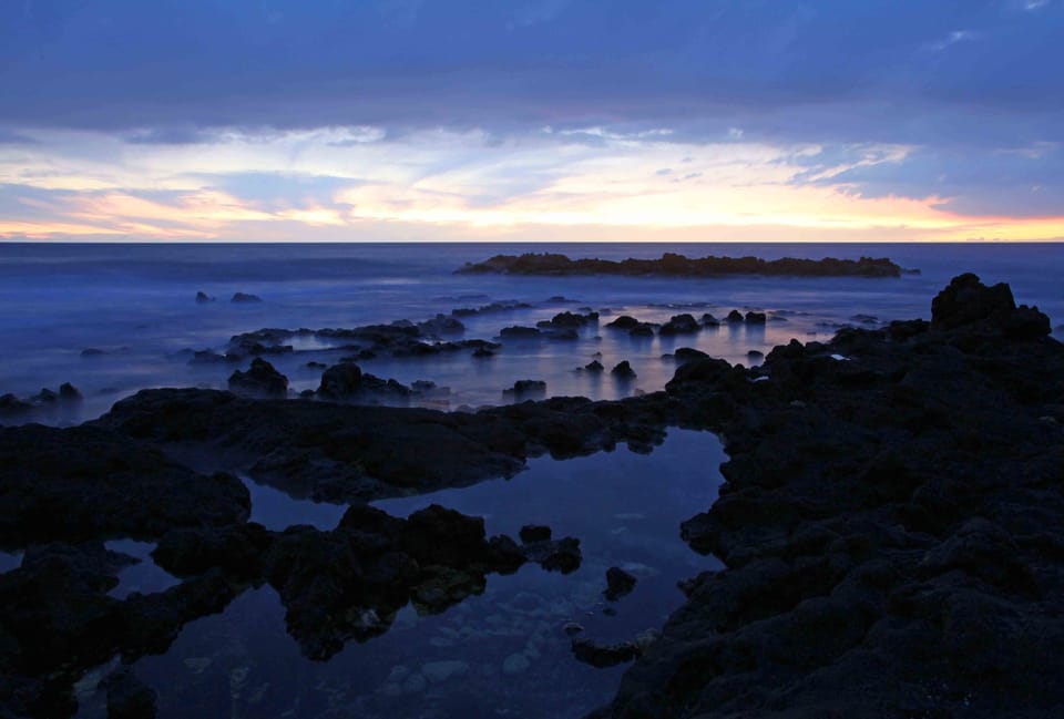 The ocean and tide pools by the house at sunset.