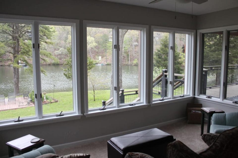 View from the sunroom of deck and lake