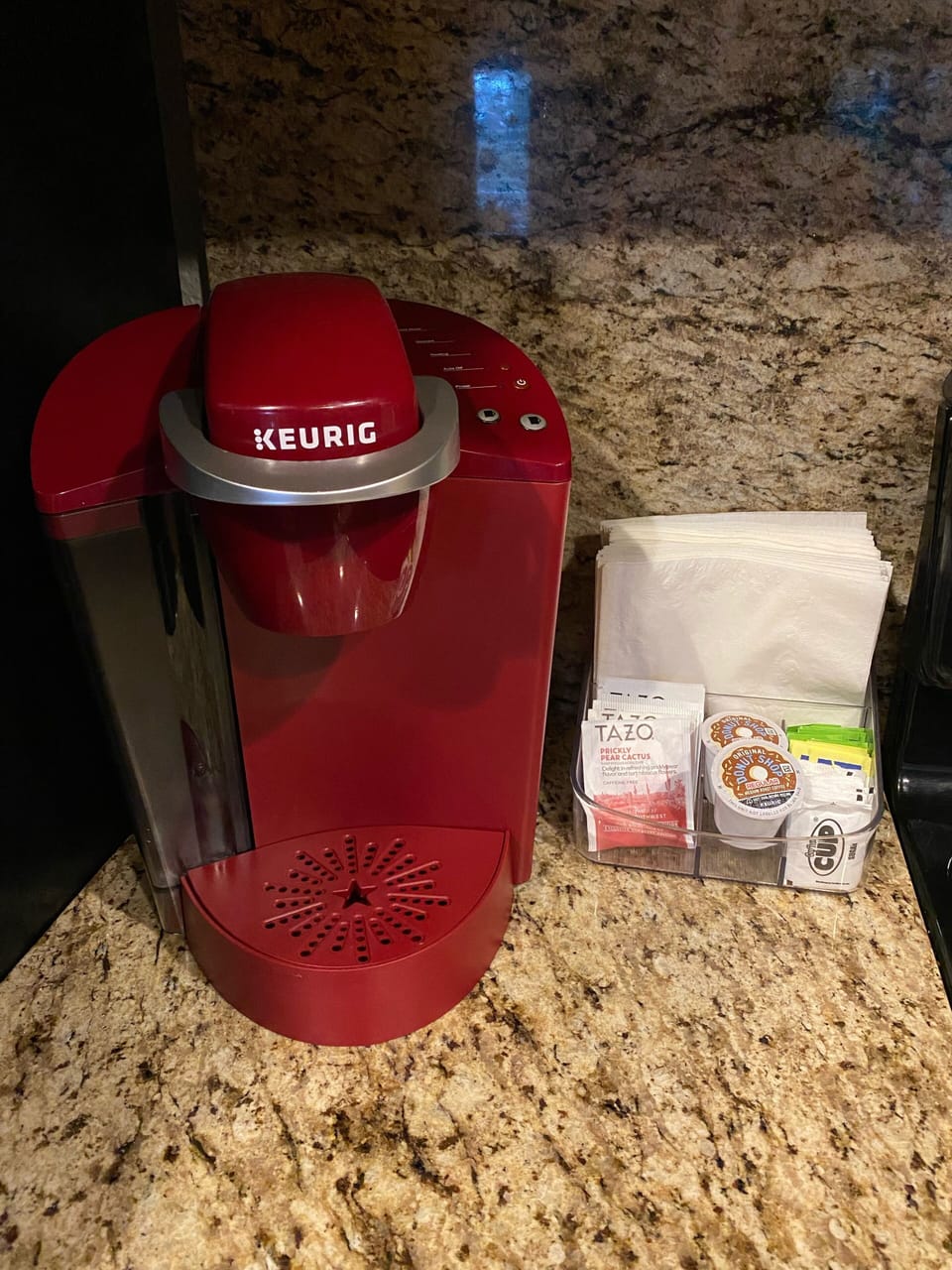 A Keurig is available and we provide a starter kit of coffee and teas.  