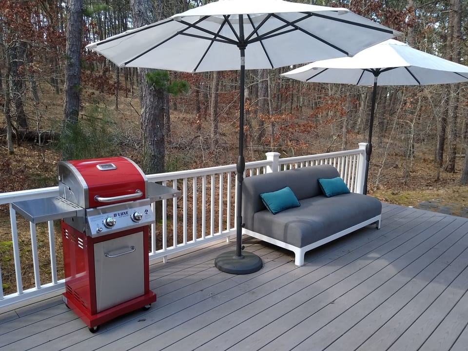 New gas grill and seating area.