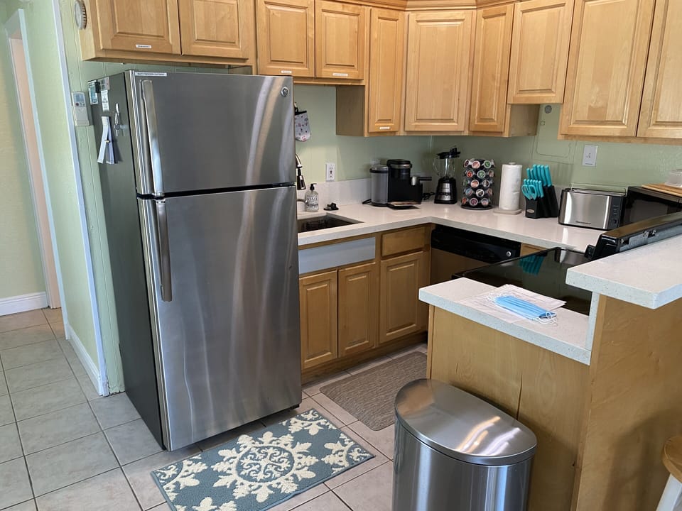 Kitchen is stocked just like home, Keurig coffee maker, ice bucket for free Ice