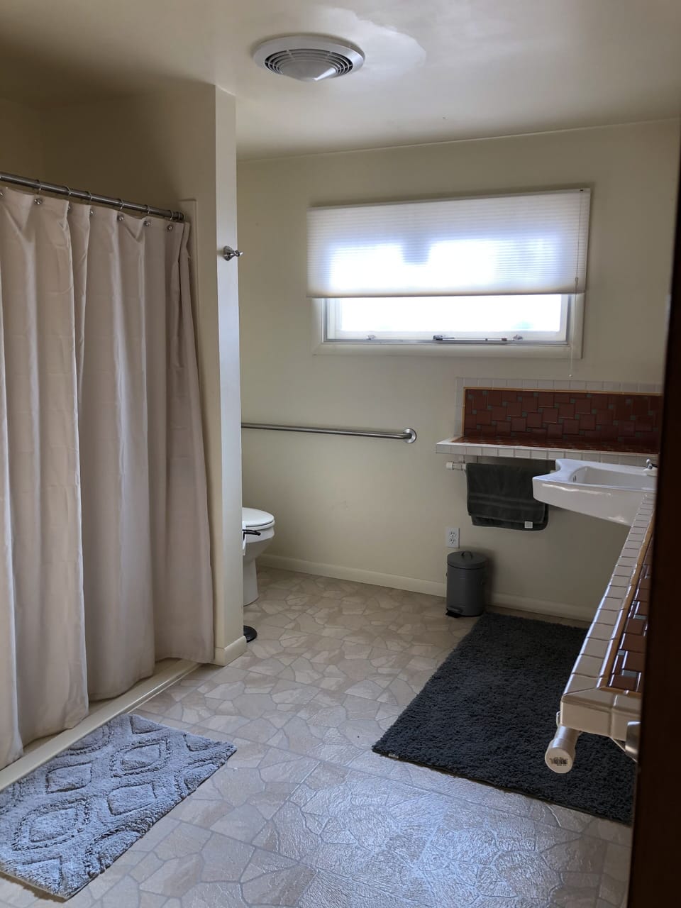 bathroom with walk in shower and wheelchair accessible sink