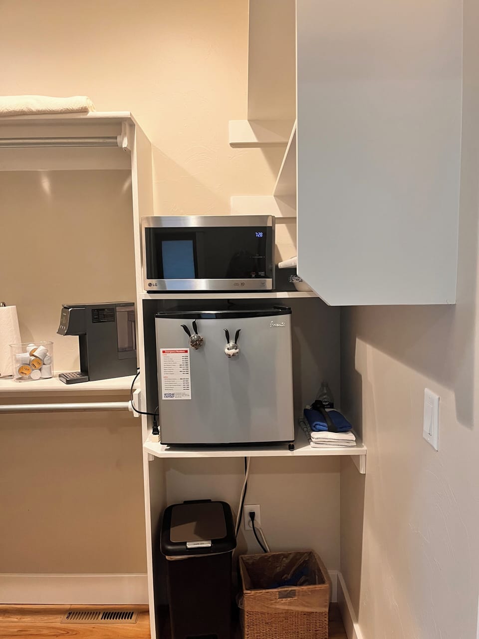 The walk-in closet has a microwave, mini-fridge, K-Cup coffee maker.