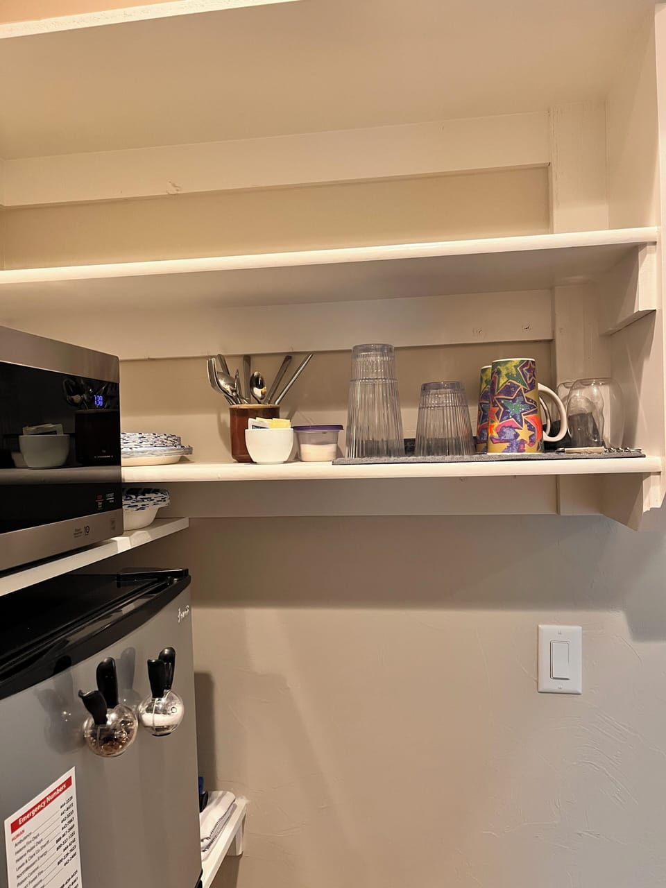 Utensils, wine opener, glasses, mugs, etc.