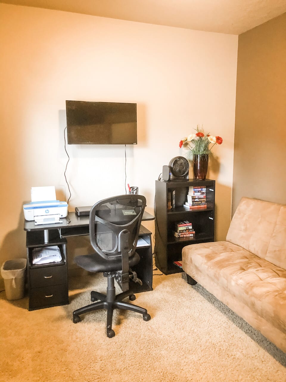 Office with printer and tv with directv. 
