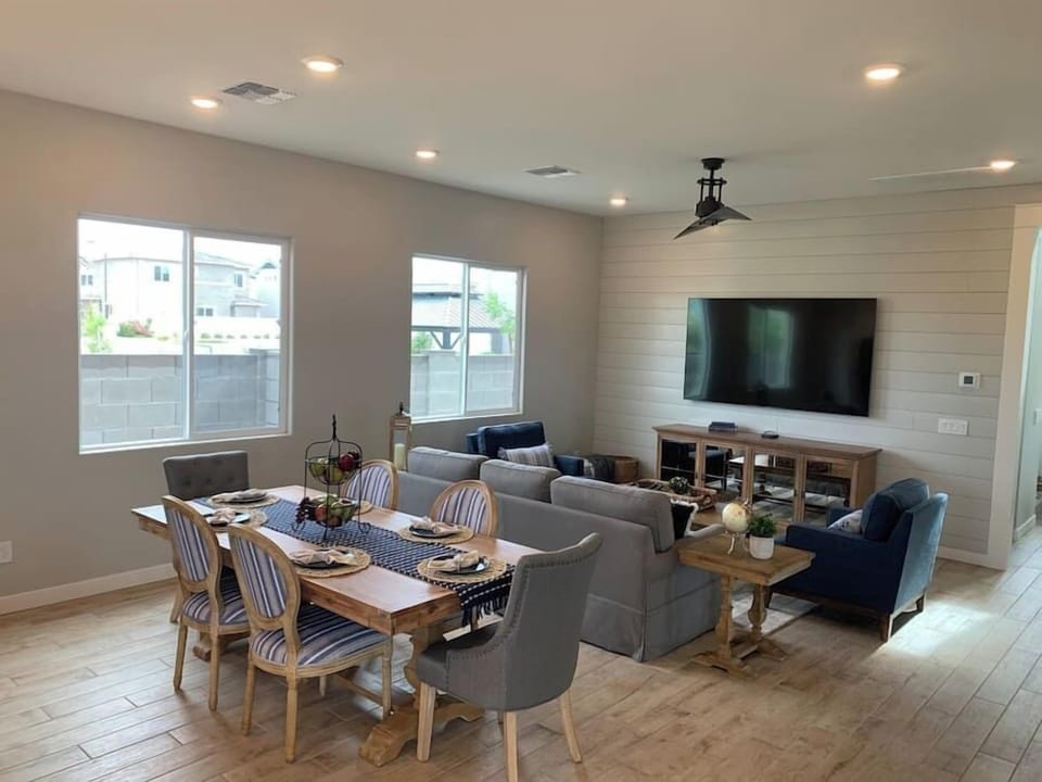 Family room with 82 inch TV