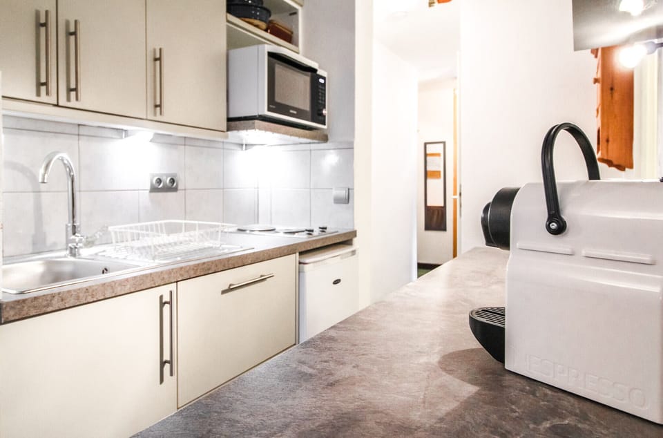 Galley kitchen with fridge, electric oven