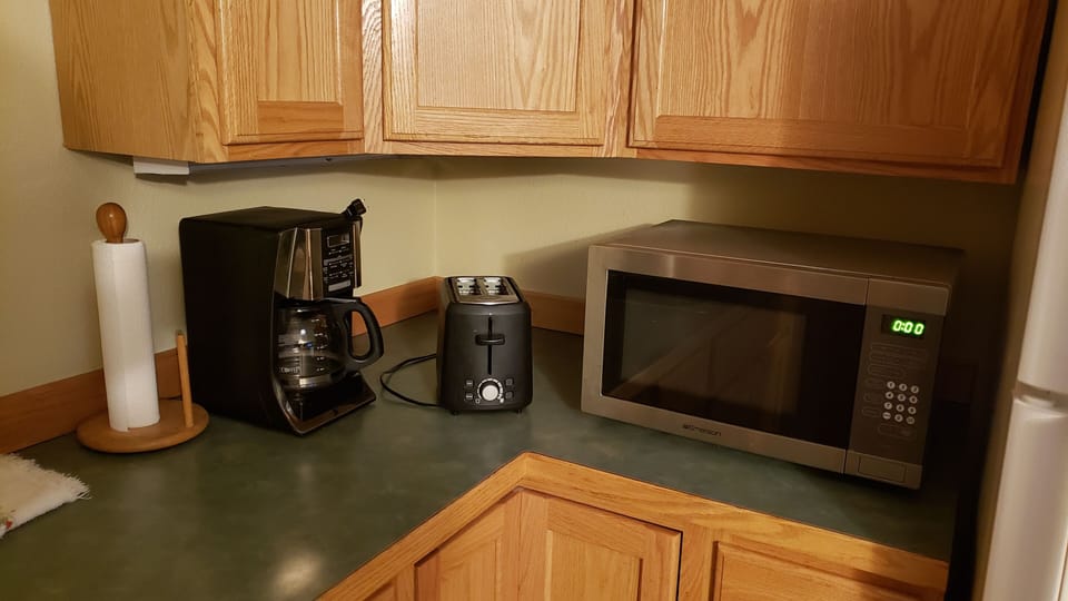 Coffee maker, toaster, microwave.