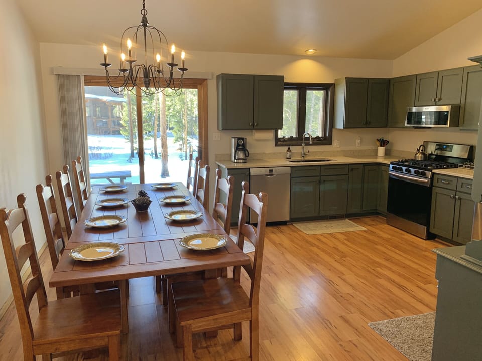 Large modern kitchen with seating for large groups