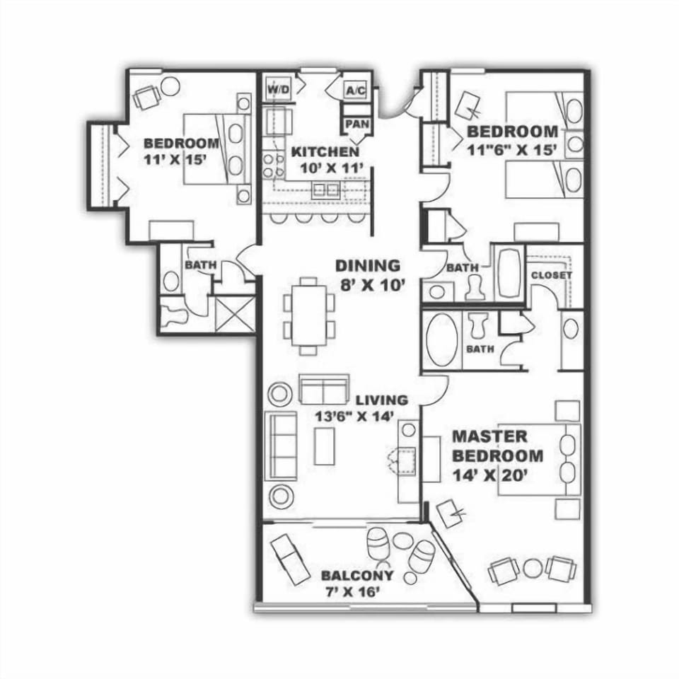 Sample floor plan of Salty Sunsets.  Please see our descriptions and photos for actual furnishings and placement.