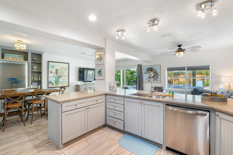 Kitchen overlooking the living room and dining room.