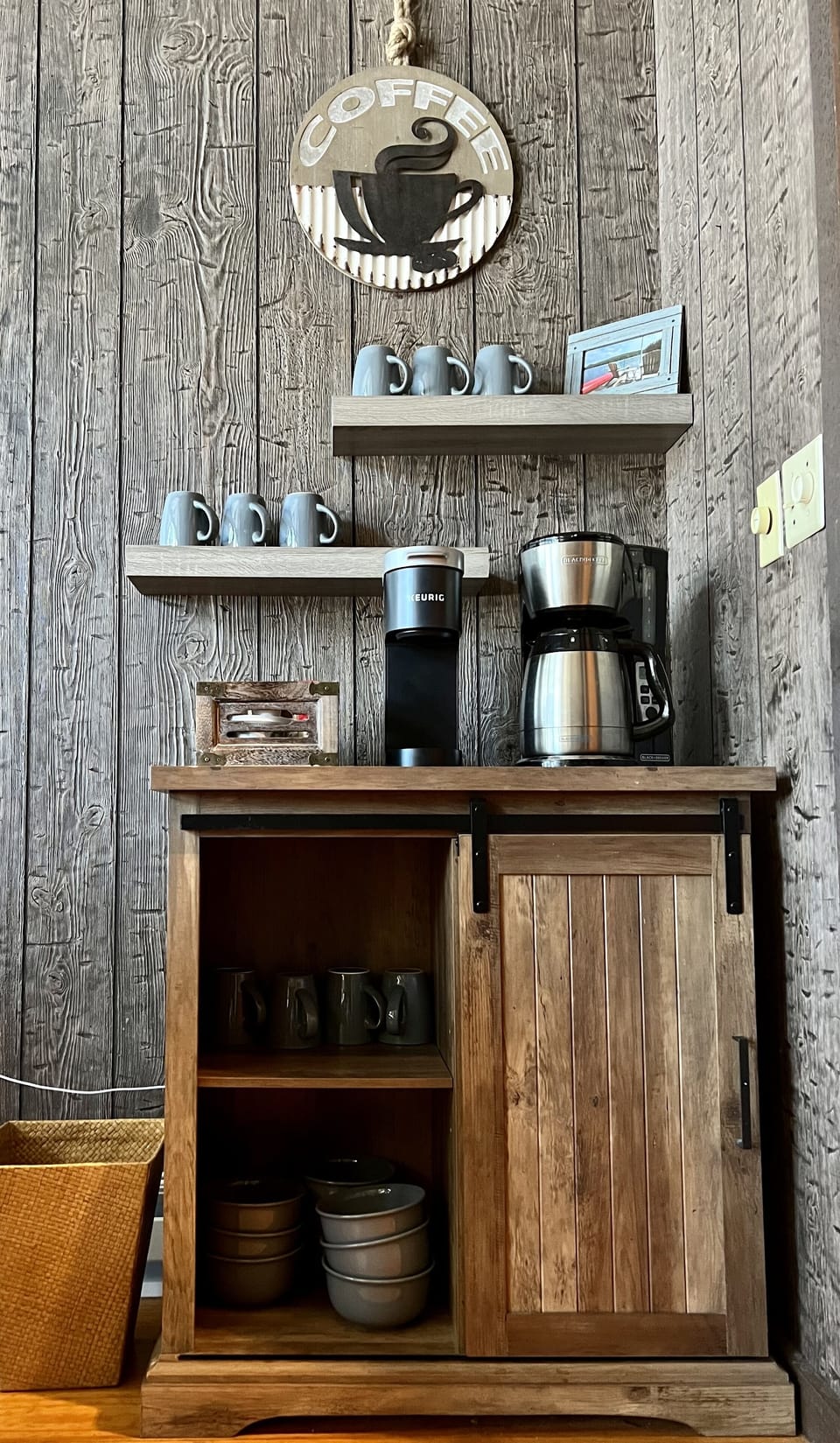 Coffee bar with Keurig and regular coffeemakers