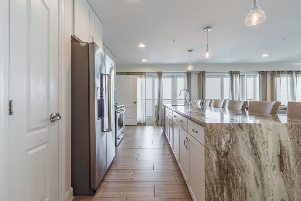 Modern Kitchen that looks directly out to the bay