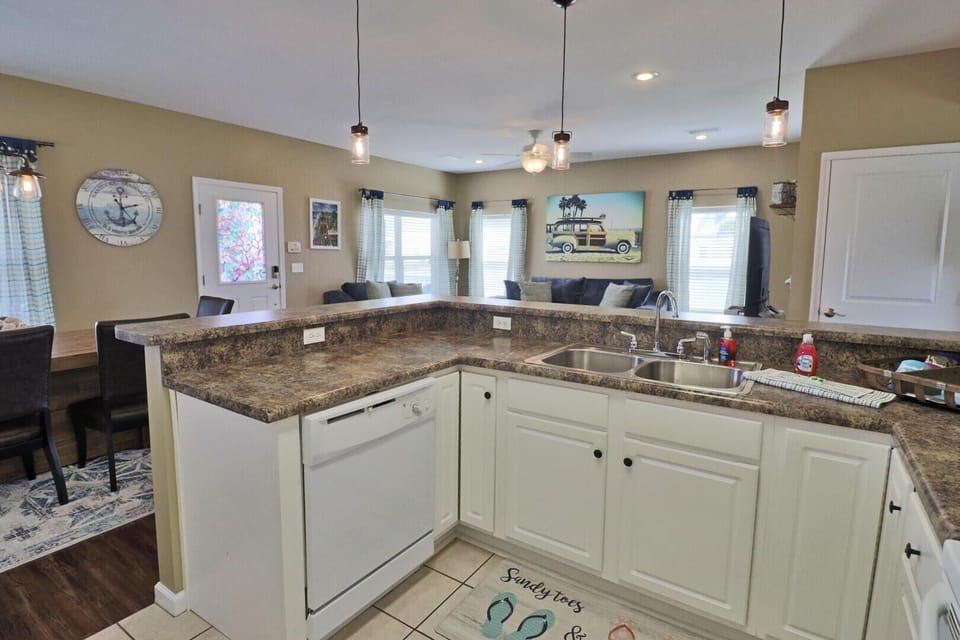 Kitchen overlooking living area