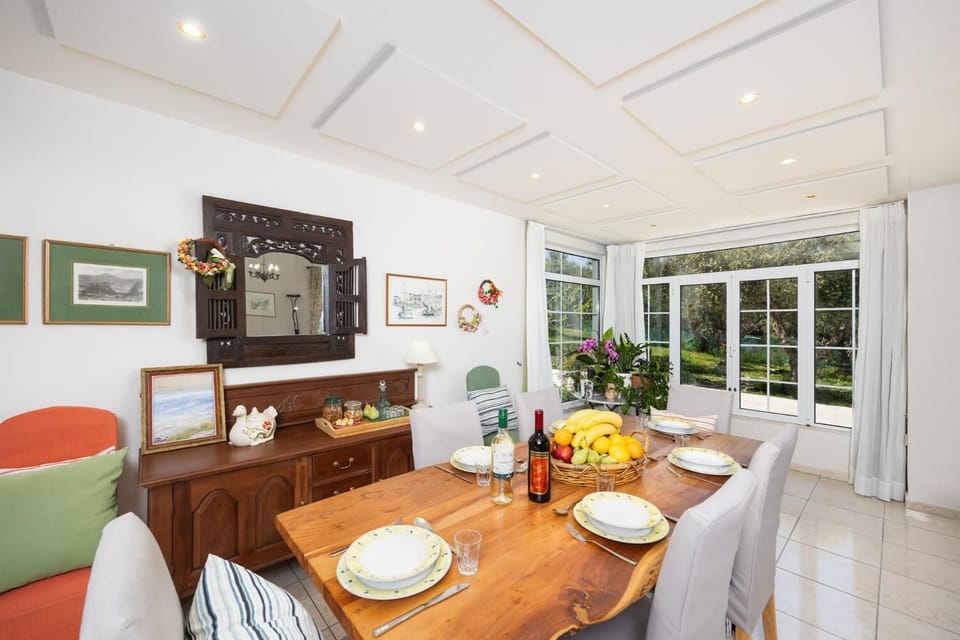 Open-plan living room with sofas, dining area, kitchen, ornamental fireplace, A/C, WiFi internet, and satellite TV