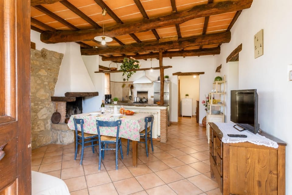 Open-plan living room on ground floor with sofa, dining area, kitchen, ornamental fireplace, WiFi internet, satellite TV, and garden access