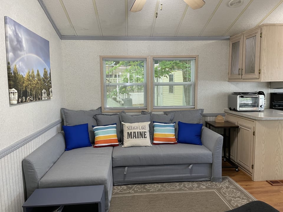 Living room with queen sleeper and ottoman storage 