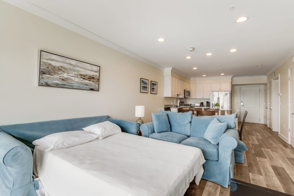 Pullout sofa bed allows for extra guests.